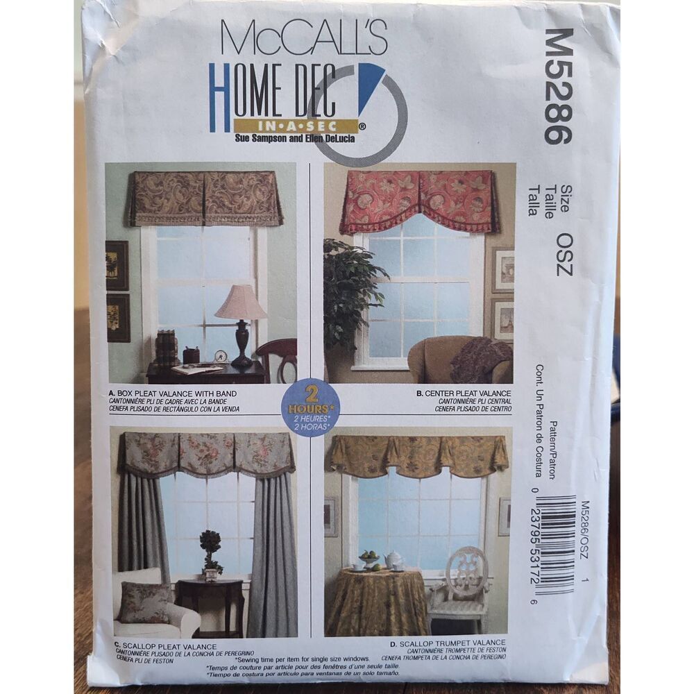 McCall's M5286 Valances 4 Styles Home Dec in a Sec Sewing Patterns UNCUT